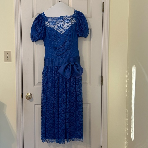 Vintage 80s  Damore Royal Blue laceBow Prom Strapless Dress Gown medium Formal - Picture 1 of 8